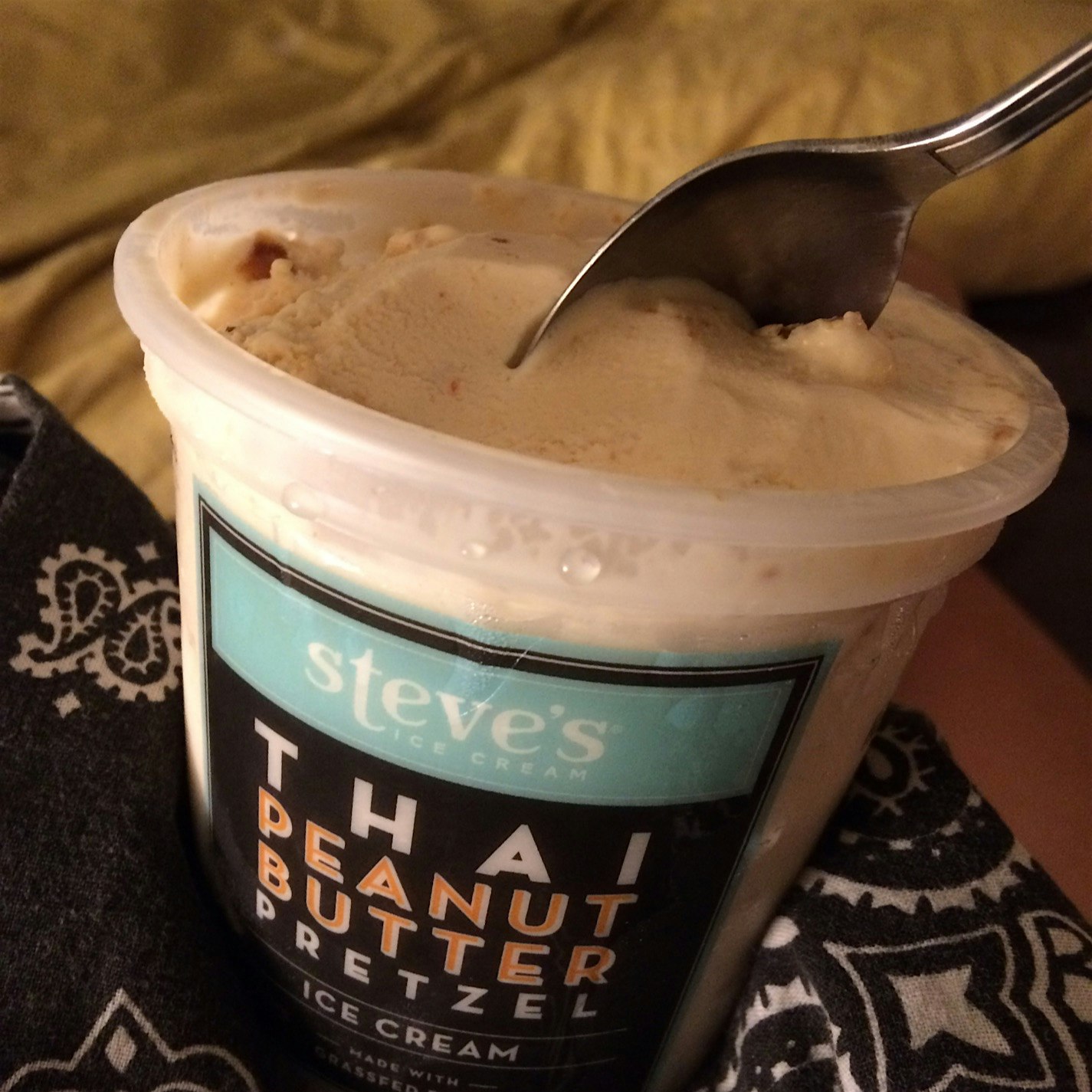 Salty, creamy, and warm spice - Thai peanut butter pretzel ice cream.