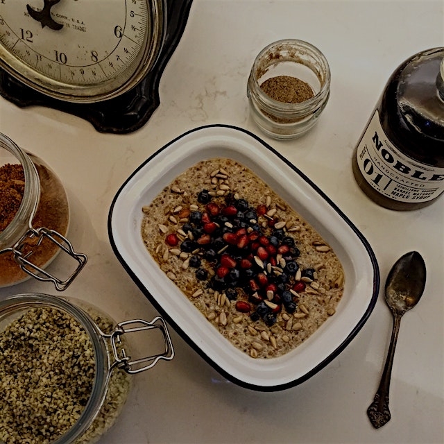 'Stick to your ribs' porridge bowl. Combo of quinoa, chia and kasha warmed up with cinnamon and c...