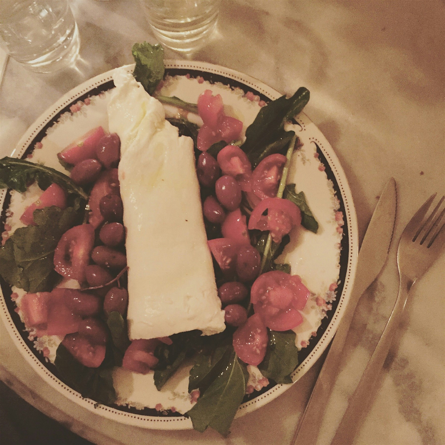 First time for me to have Burrata - sheet of mozzarella filled with tomato and Serrano ham, serve...