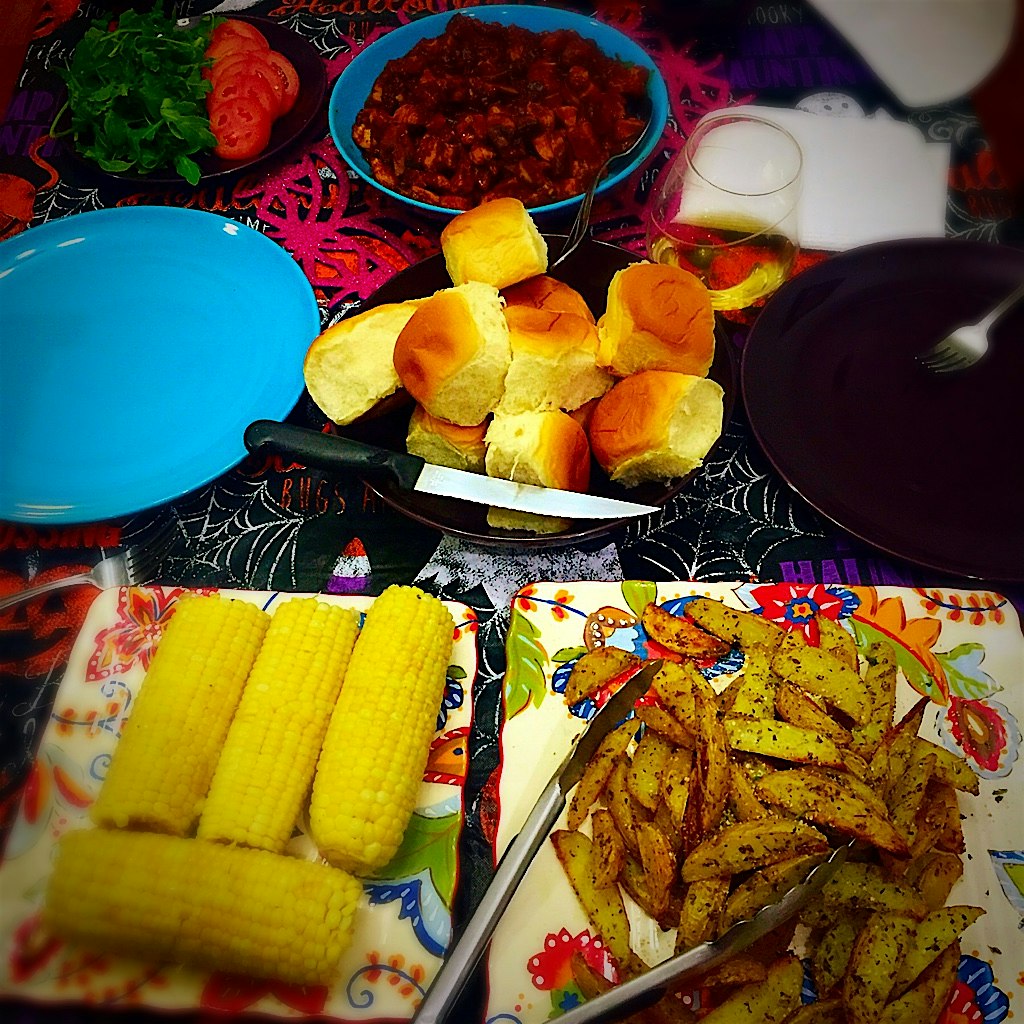 Oh, sweet Saturday spread! Roasted idaho potatoes seasoned with oregano, grilled chicken breast w...