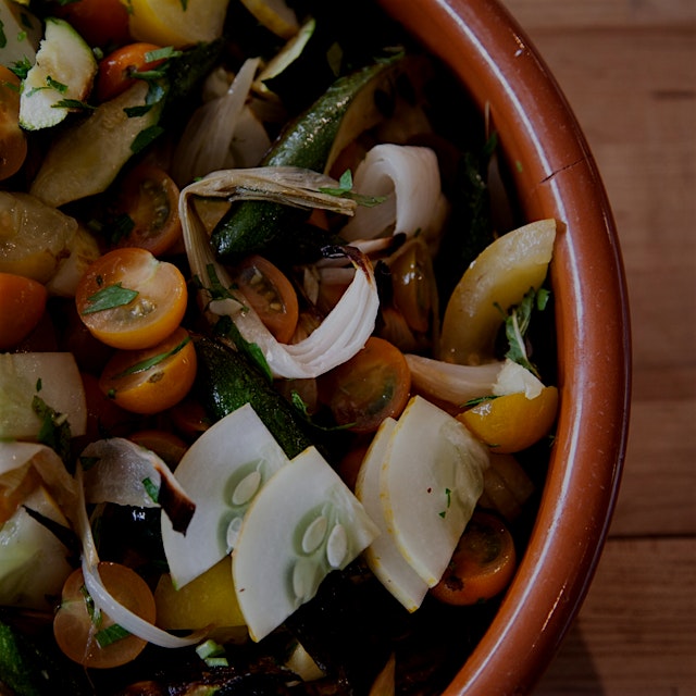 Just all those end-of-summer veggies and fruits tossed into a bowl.