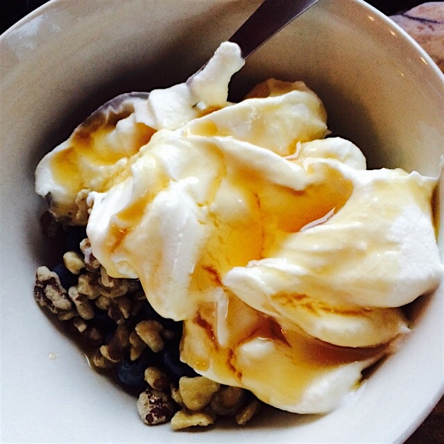 Local blueberries, local maple syrup, local yogurt, local black walnuts. #Maine #TideMillCreamery 