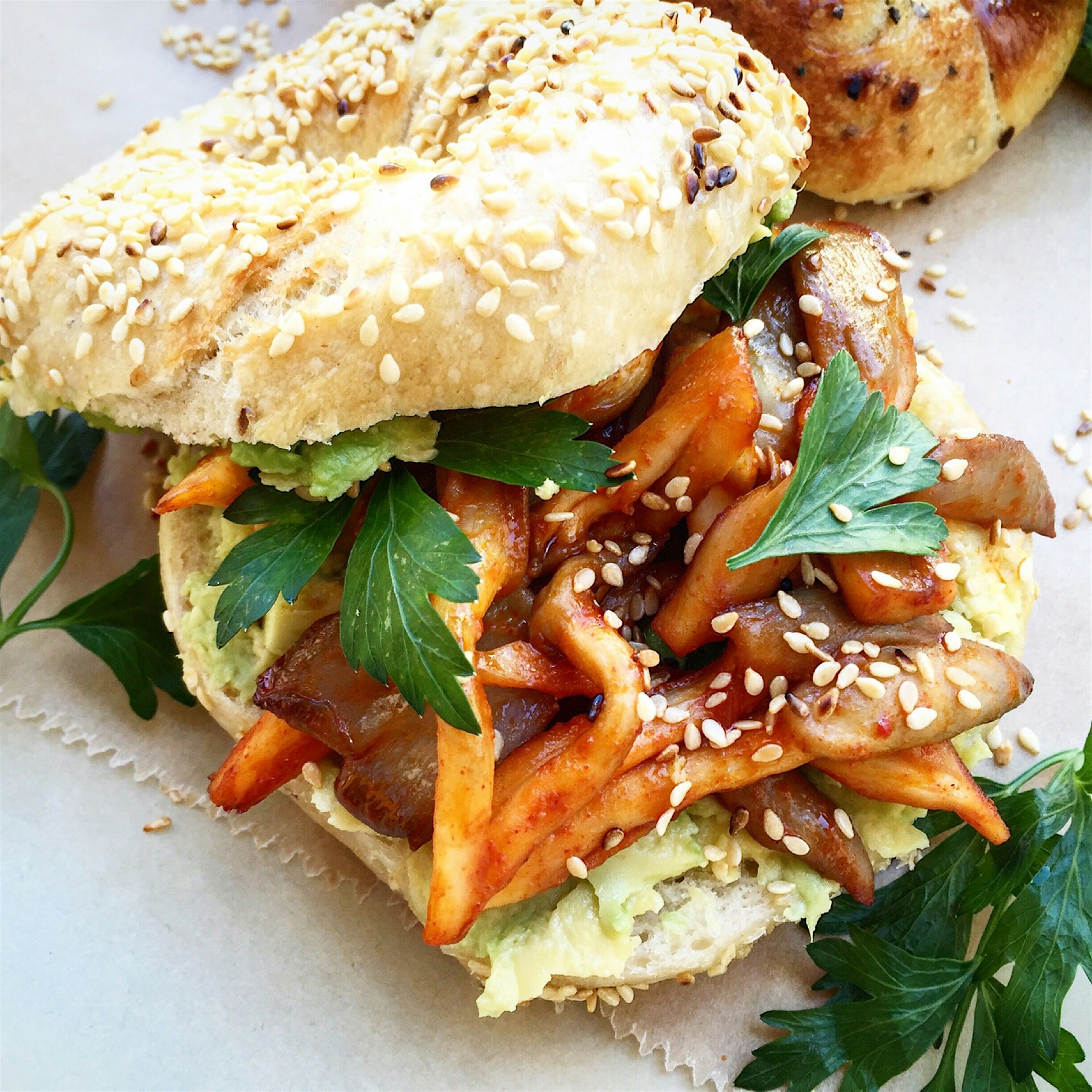 One of my favorite sandwich filling creations - Chili (Gochujang) mushrooms and avocado, on a toa...