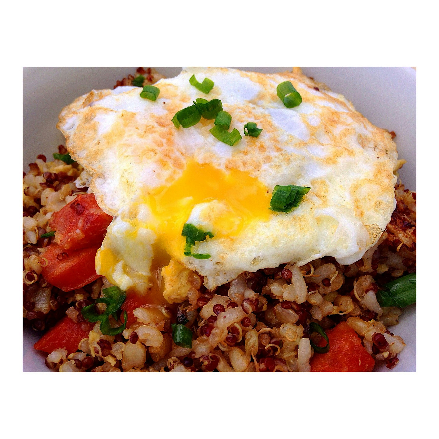 Quinoa Garlic "fried rice" with Portuguese Sausage & an over easy egg. 