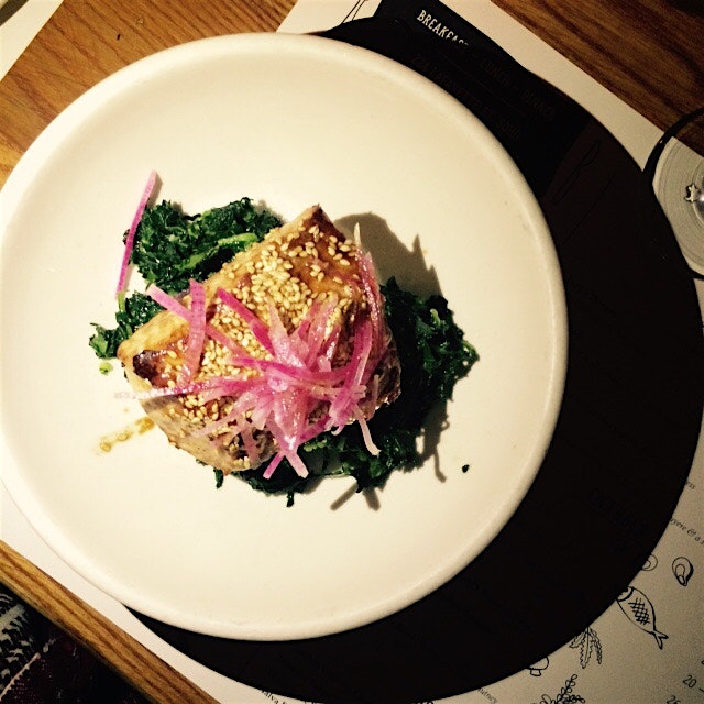Fish a la plancha with braised kale, at one of my favorites, jacks wife Freda, with some of my fa...