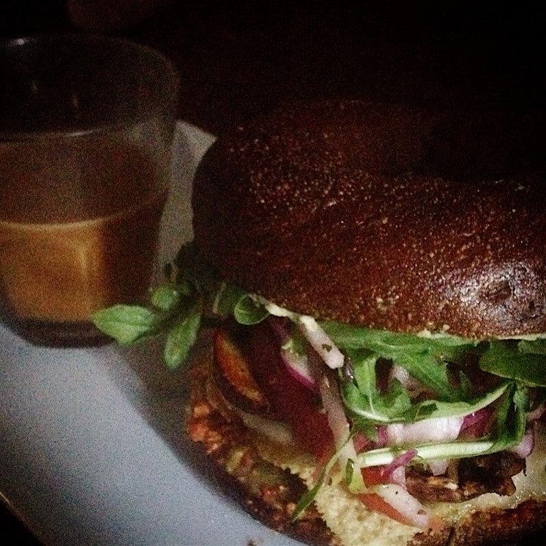 Swiss & mushroom chicken sandwich on pumpernickel. 