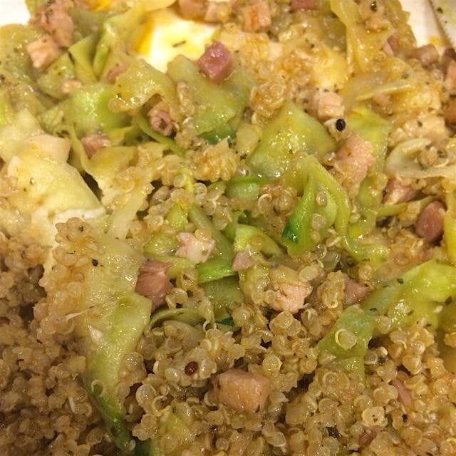 It's fettuccine... It's zucchini fettuccine!! With quinoa and pancetta! Can you say yum?? 