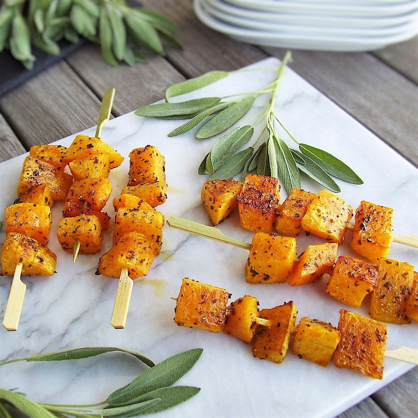Roasted Butternut Squash Skewers -- http://jackienewgent.com/2015/10/squash_skewers/ -- a perfect...