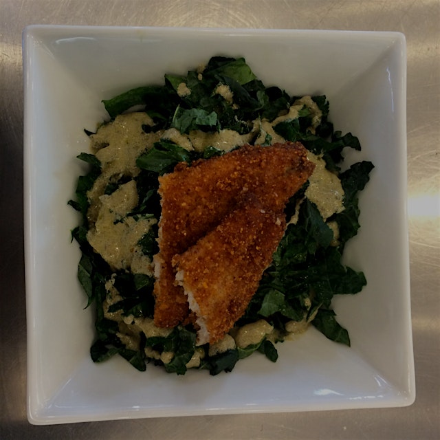 Dinosaur kale salad with cornmeal crusted trout = killer work lunch #handpicked at #racefarm in #...