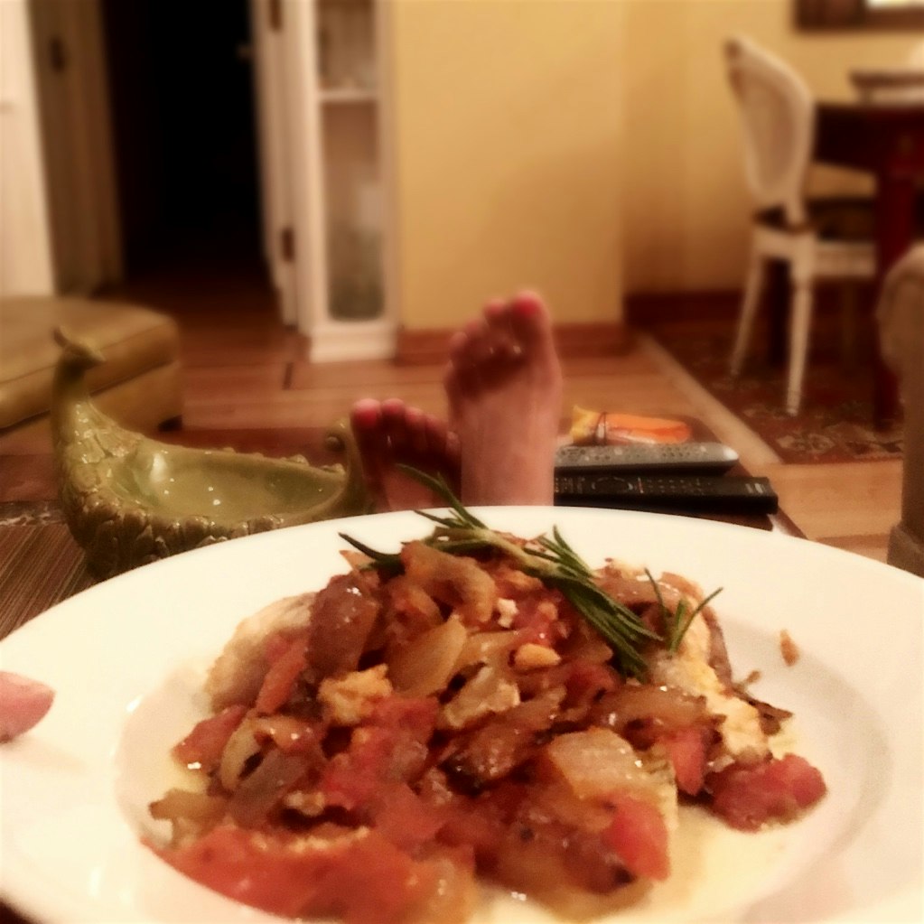 Finally kicking my feet up with a steaming plate of Lemon sole with Tomatoes and Onions. 