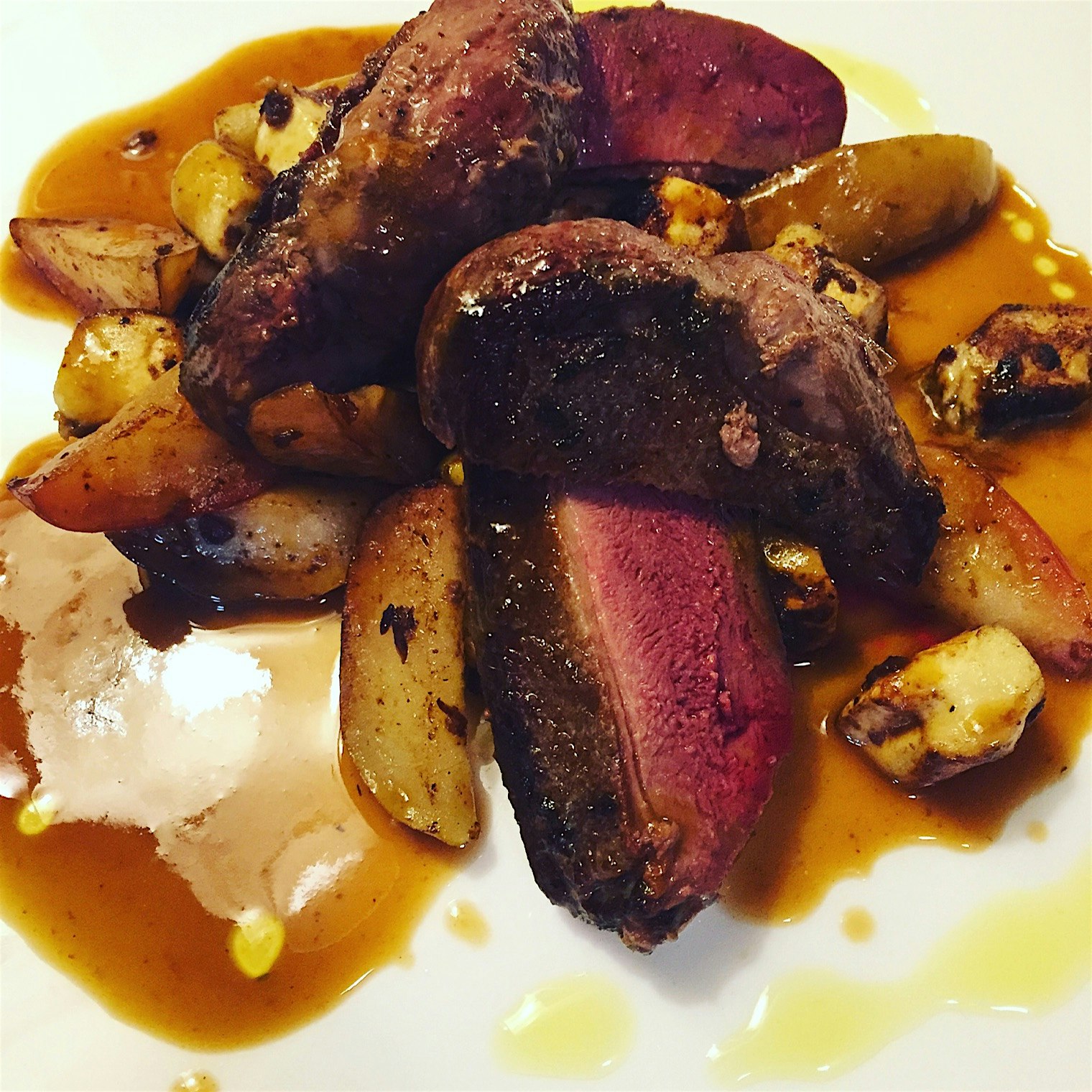 Wood duck, brown rice miso puffball and roasted heirloom apples. 