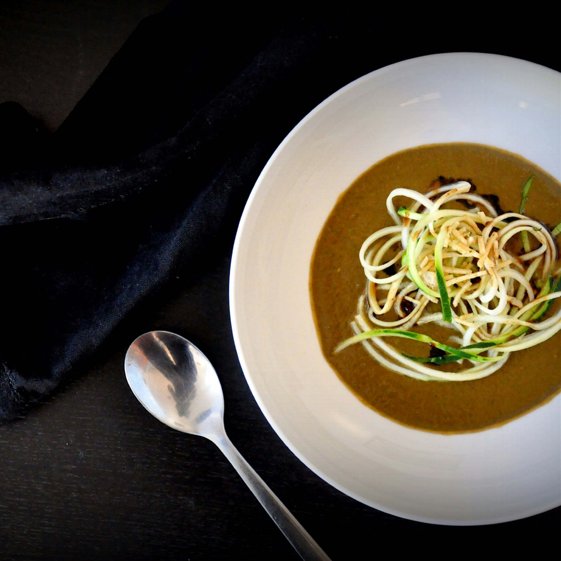 Spinach & Arugula Lentil Soup with Zoodles & Tamarind Chuntey! A comforting bowl of wonderful thi...