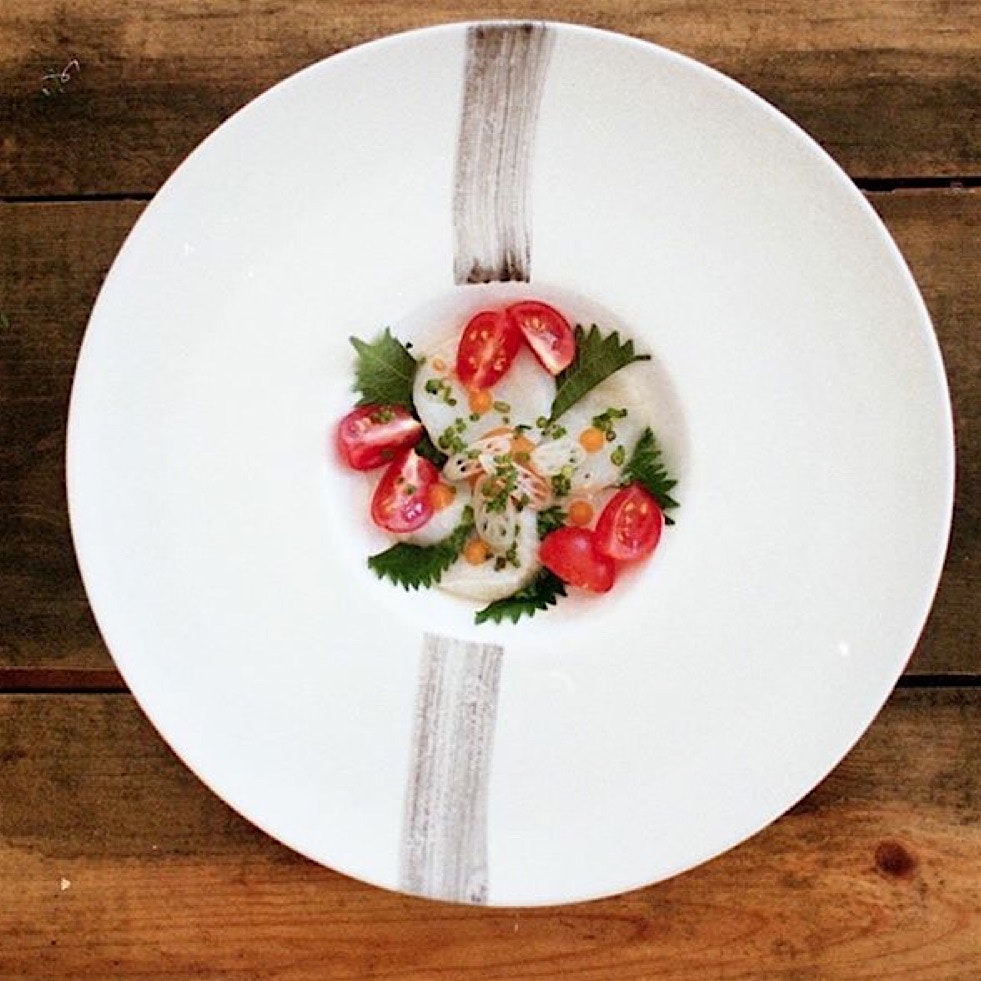 Scallop ceviche || shiso || apricot fluid gel || picked lotus root || heirloom tomatoes