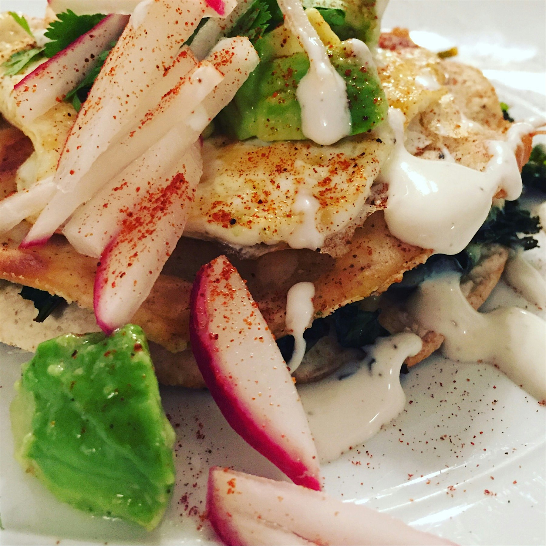 Made myself a dang quesadilla with kale, sunny side egg, avocado, radishes and lime crema