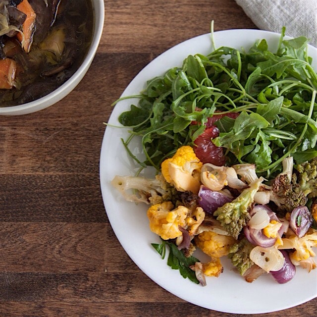 Cauliflower agrodolce made with all the colors of the cauliflower rainbow, arugula and tomato sal...