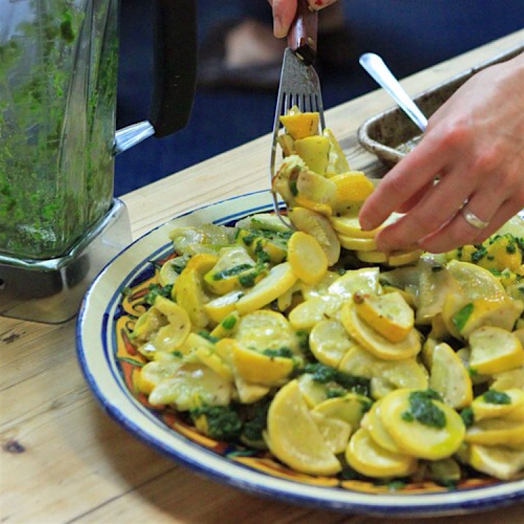 Baked yellow squash with a very compelling pesto, compliments of Rachel.