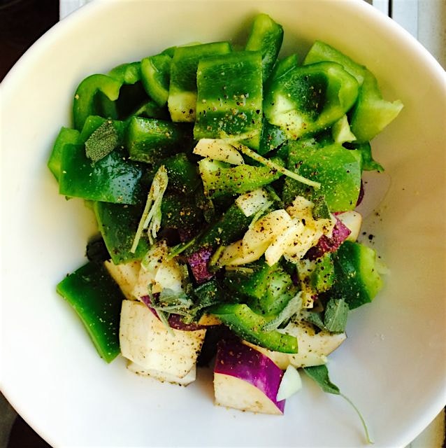 90 second lunch prep part 2! Roasted veggies with sage and garlic. 45 minutes in the oven at 375