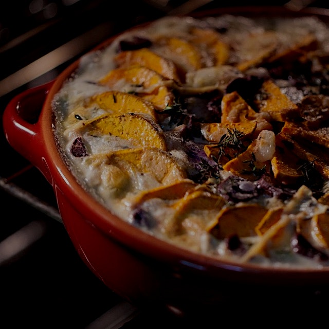 SLICE IT! BAKE IT! Oh so sweet potato dauphinoise! Use it as a hearty side. Overlapping patterns ...